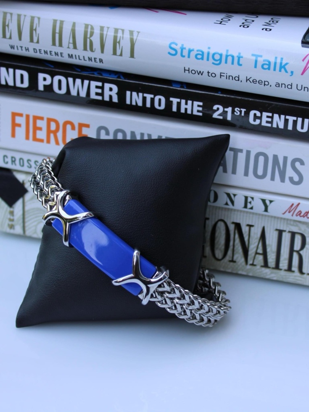 Men's Blue Stainless Steel Link Bracelet with Enamel Accent